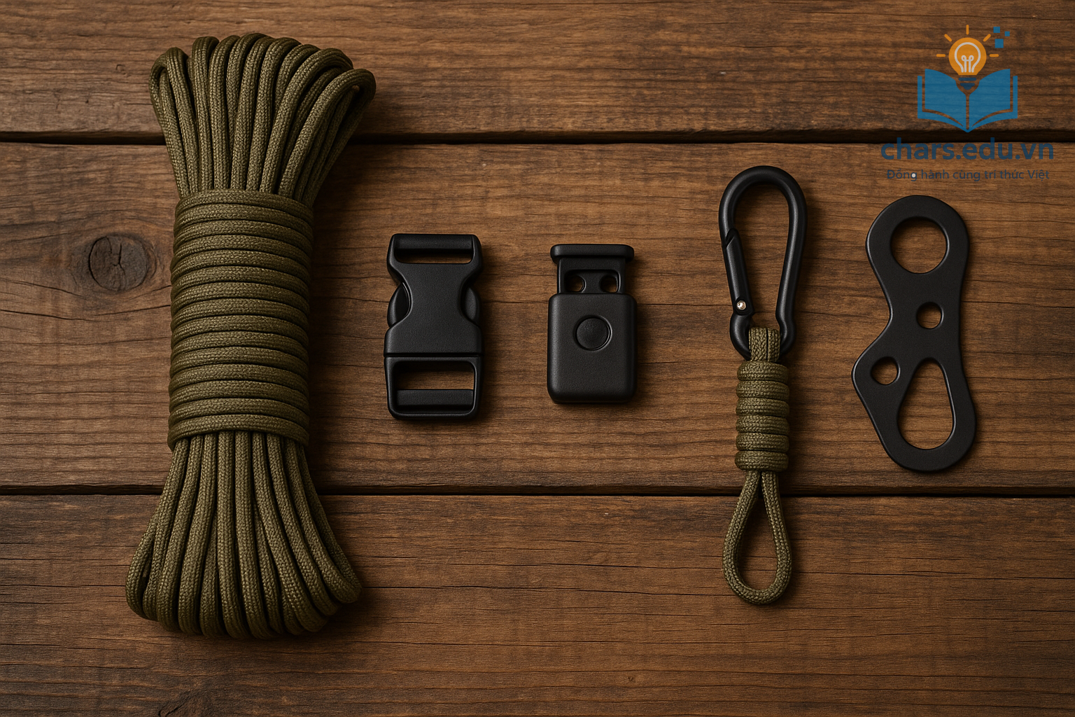 Dây paracord và dụng cụ buộc là vật dụng cần thiết khi đi rừng, giúp dựng lều, buộc đồ đạc và sửa chữa trang bị.
